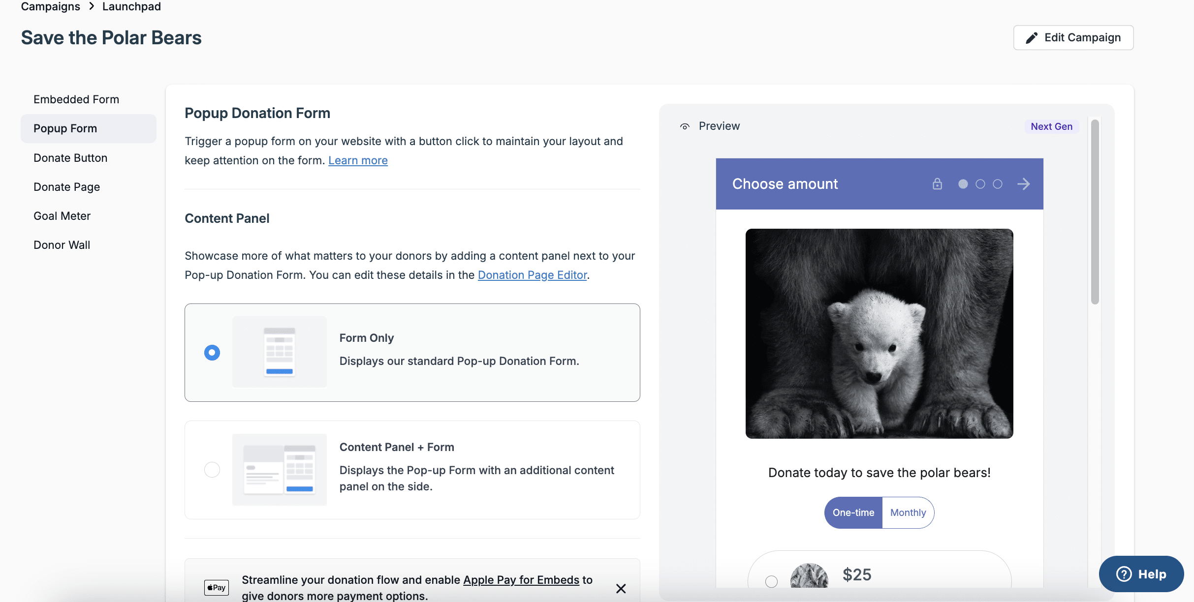 Screenshot showing where to access the Donorbox form code for pop-up forms.