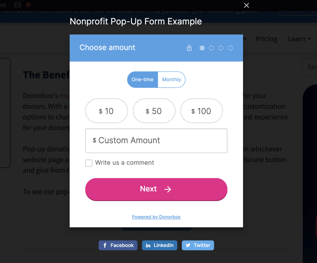 Screenshot showing a pop-up donation form in action.