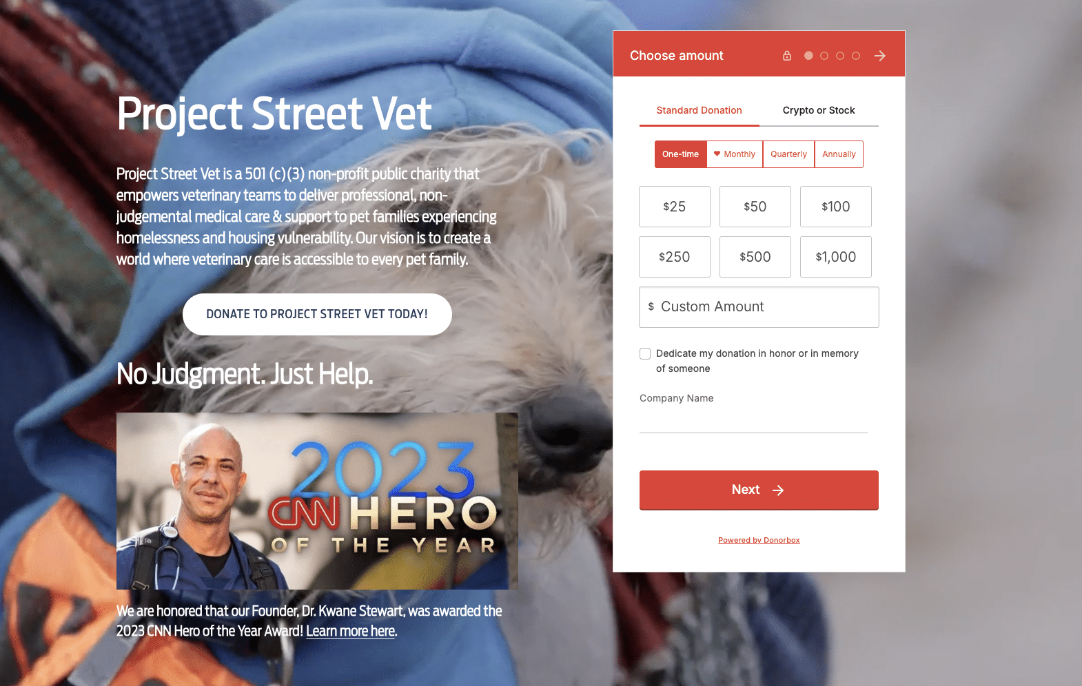 Screenshot of an organization's Donorbox donation form with monthly intervals.