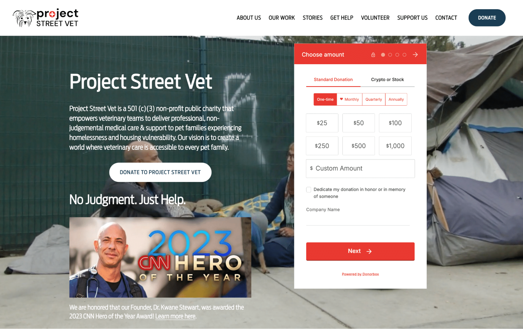 Screenshot of Project Street Vet's website showing their Donorbox donation form.