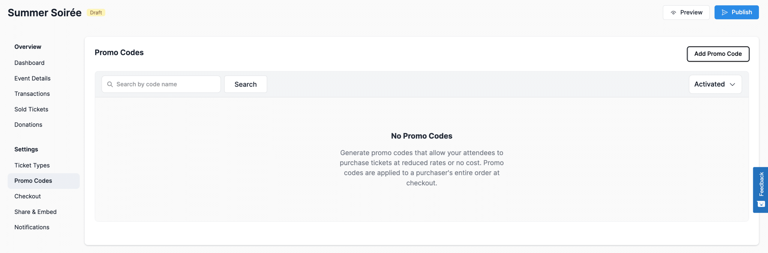 Screenshot showing the Promo Codes page in Donorbox Events