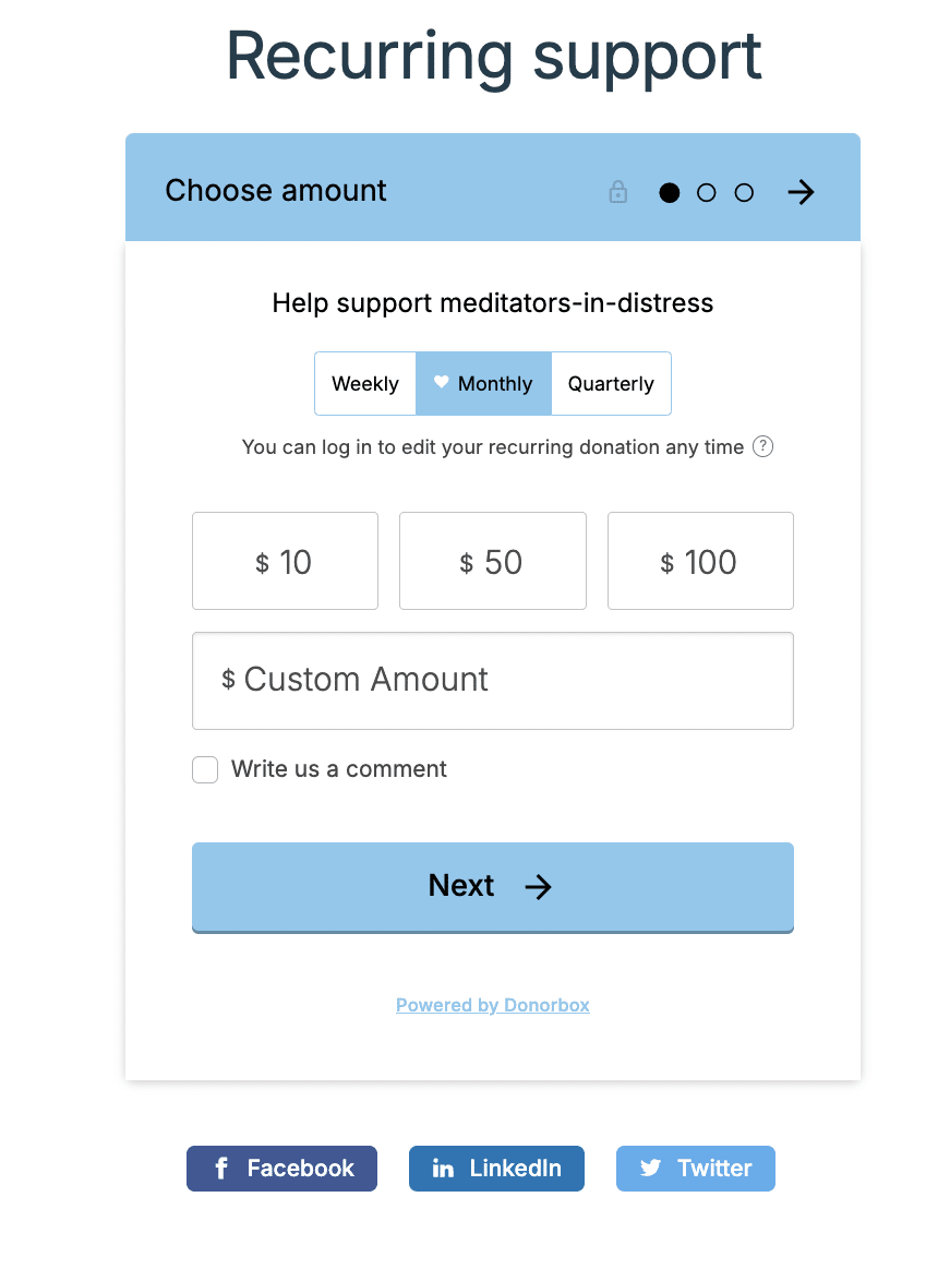 Screenshot of an organization's recurring donation form.