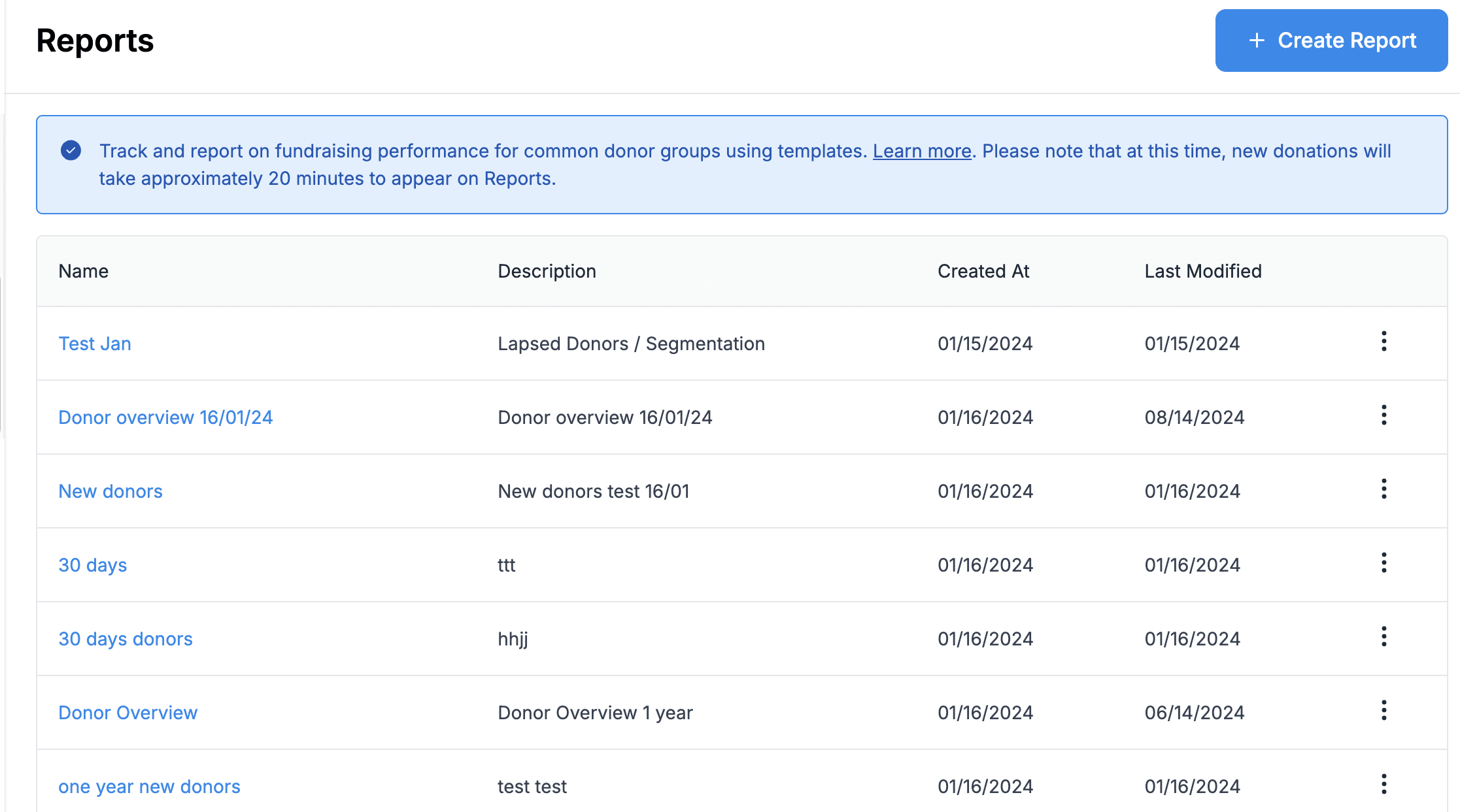 Screenshot shows the reporting feature in Donorbox CRM.