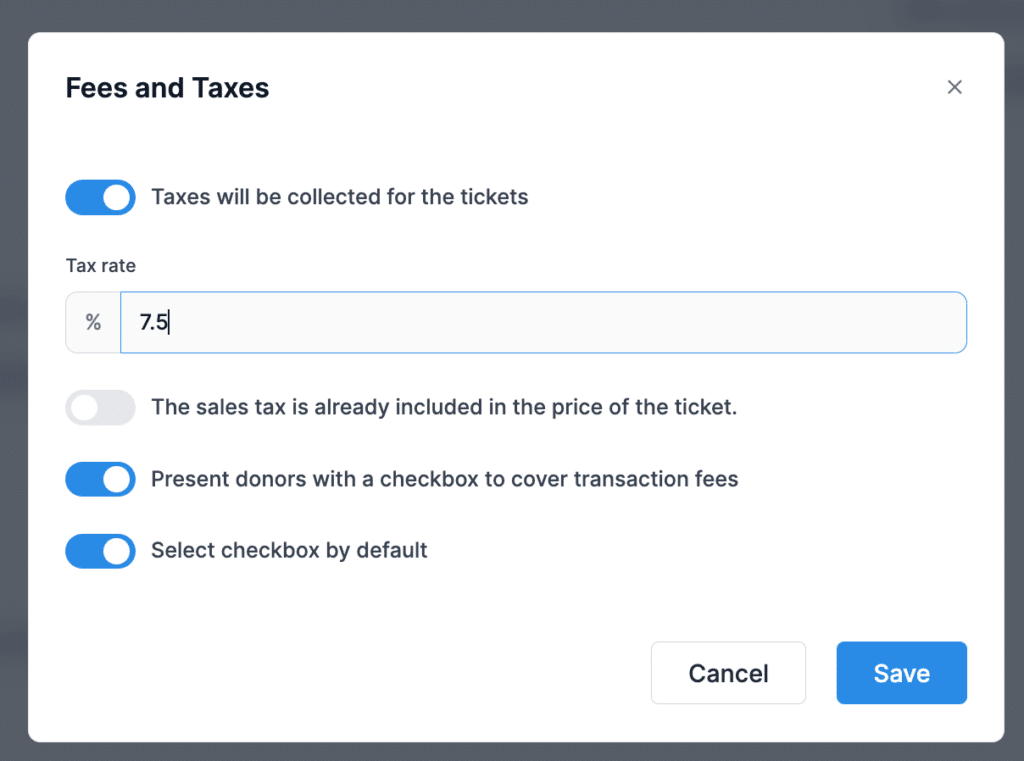 Screenshot of the Fees and Taxes editor in Donorbox Events