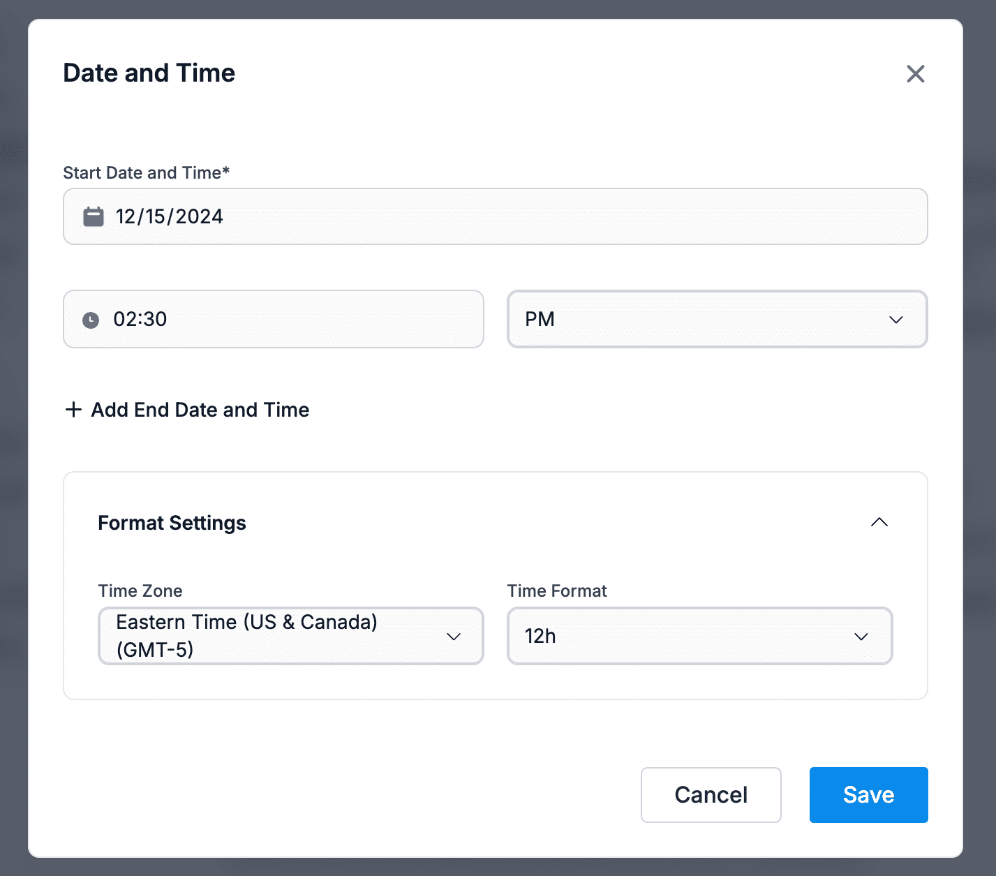 Screenshot showing how to update the data and time of your Donorbox event.