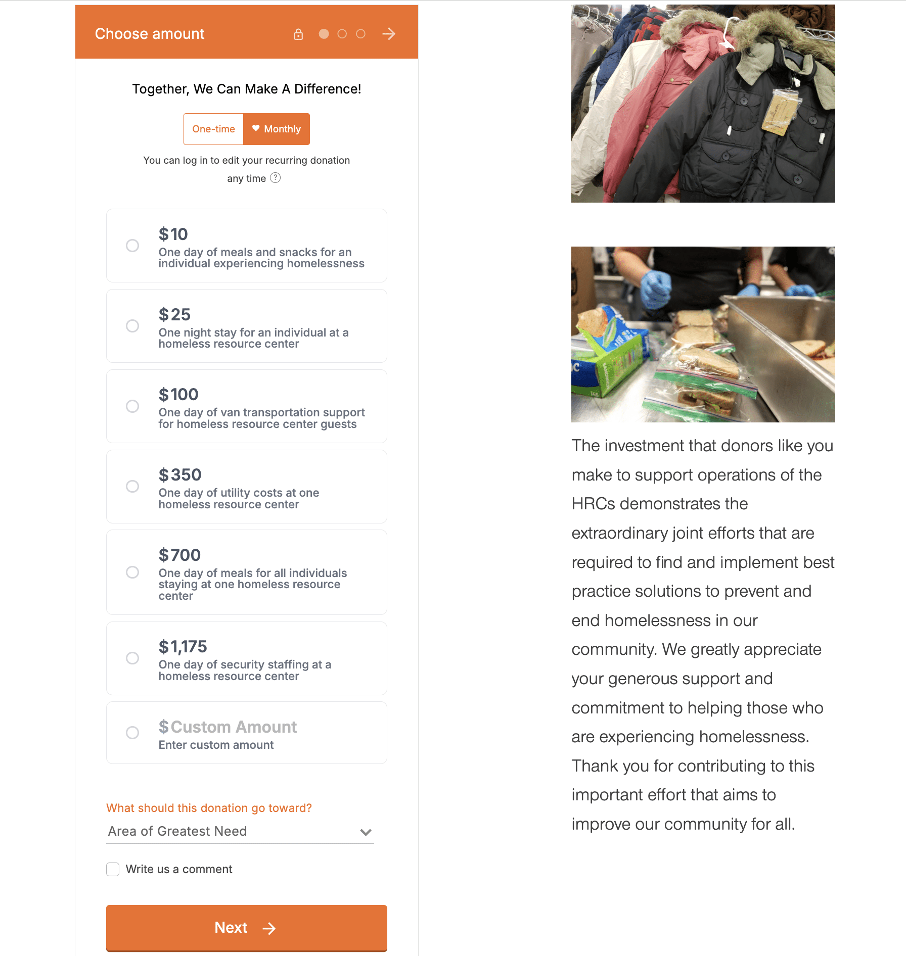 Screenshot of Shelter the Homeless's Donorbox donation form.
