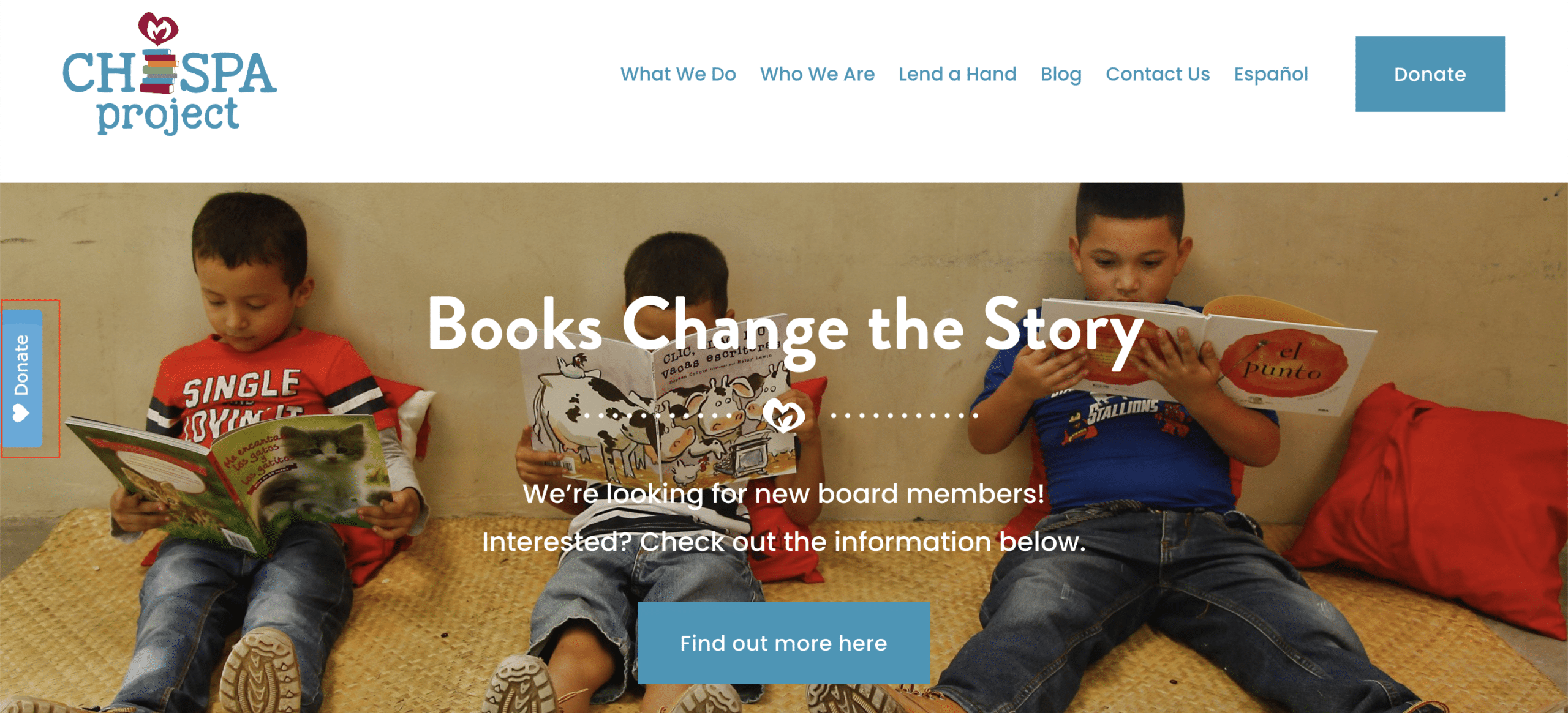 Screenshot of the Chispa Project's website showcasing their Sticky Donate Button.