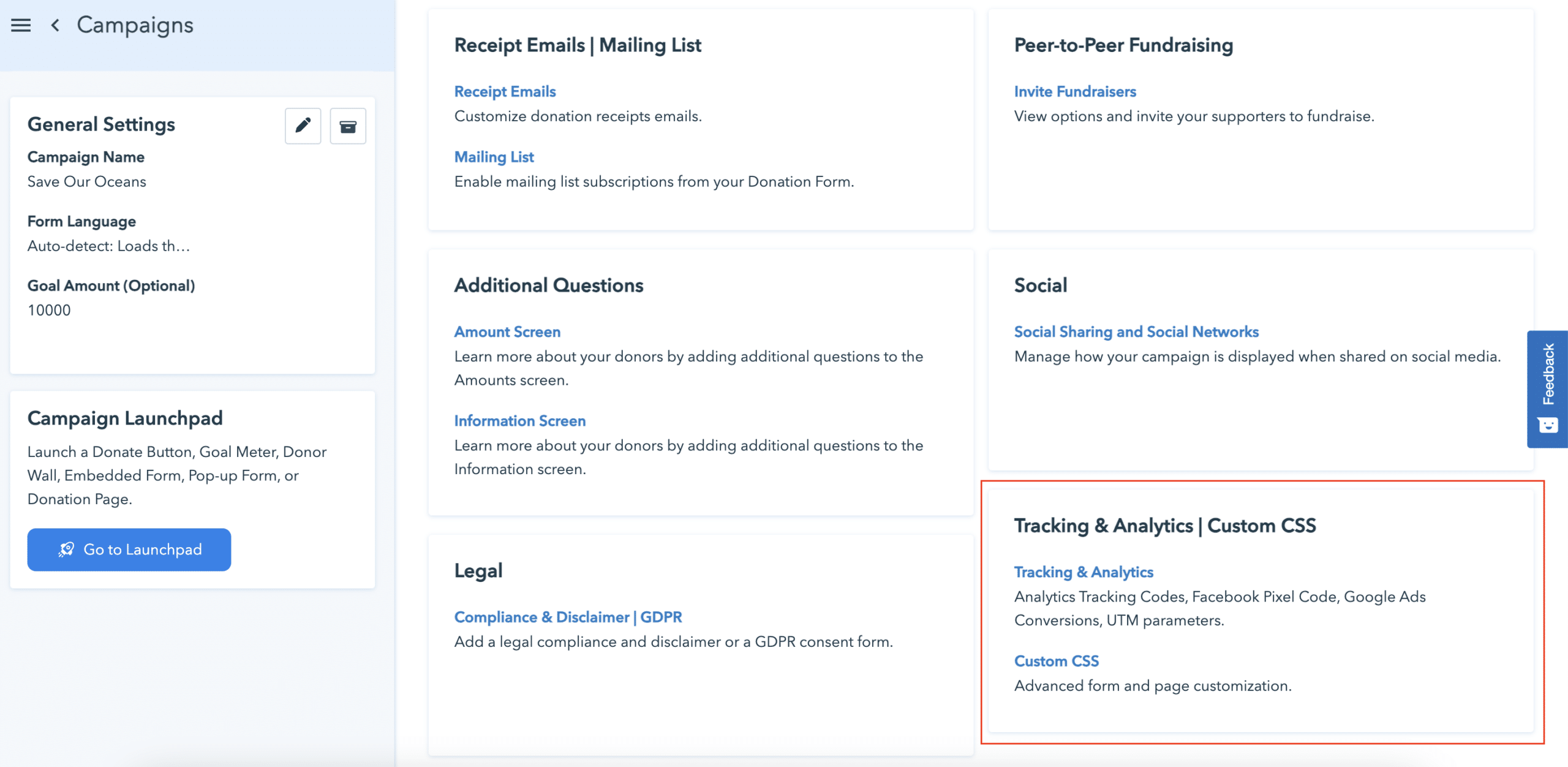 Screenshot shows where to find the Tracking & Analytics section of the Campaign Editor.