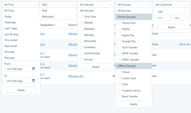 Screenshot of the many filters you can use to sort your donor data on Donorbox.