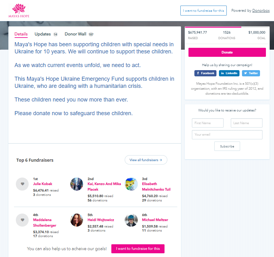 Screenshot of the Maya's Hope Donorbox crowdfunding campaign.