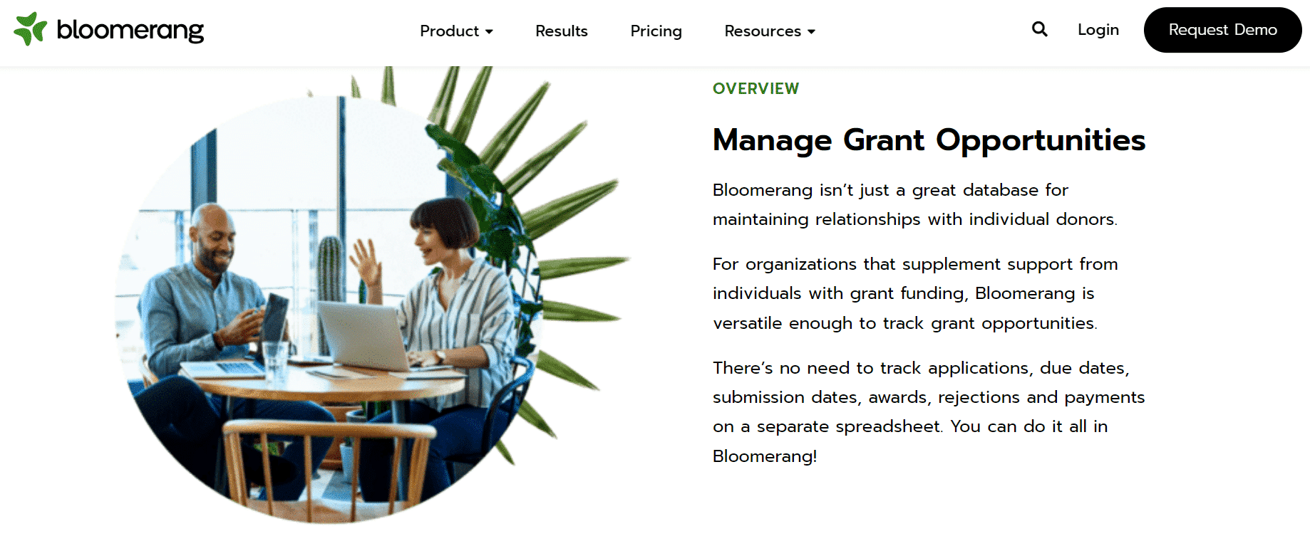 Screenshot of Bloomerang's homepage.