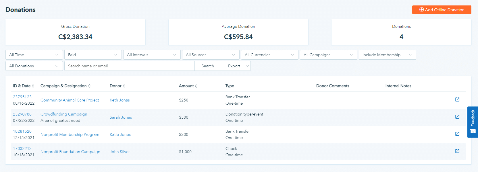 Screenshot showing the donation management solutions on Donorbox.