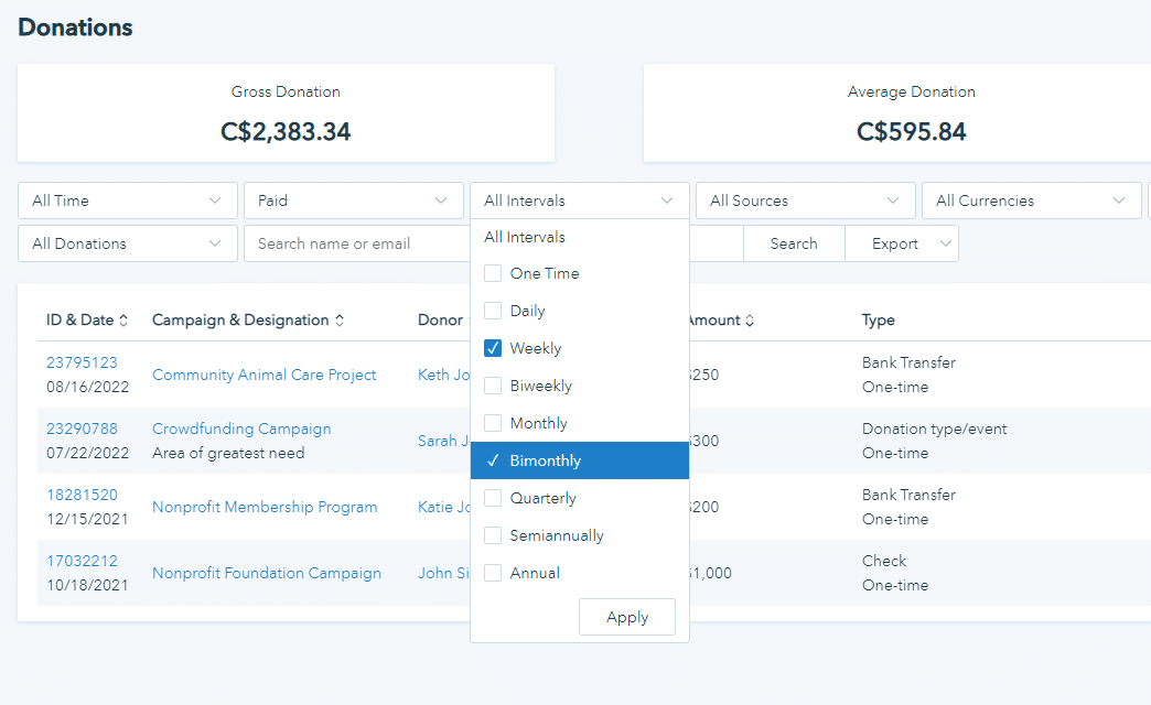 Screenshot shows how to filter donation data on Donorbox for improved segmentation.