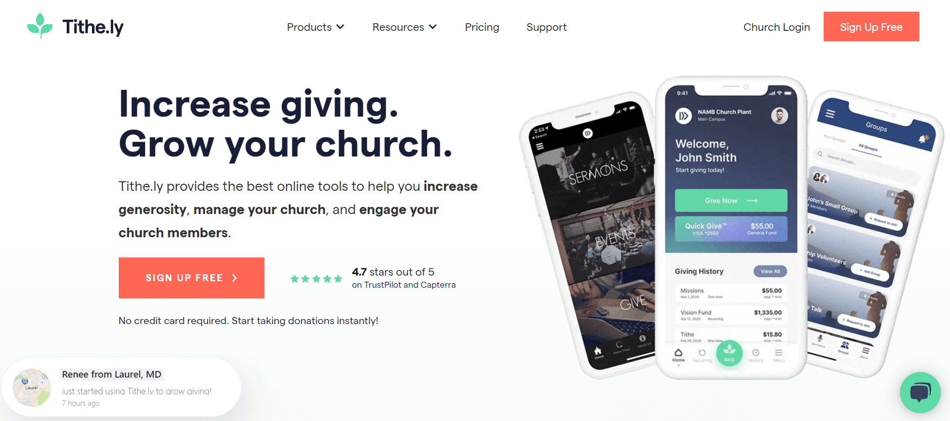 Screenshot of the Tithe.ly homepage.