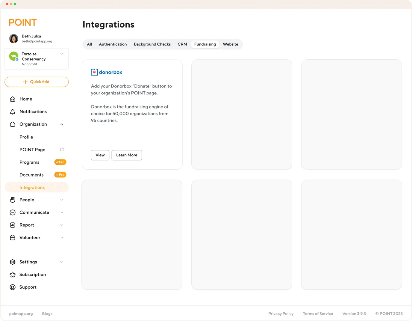 Screenshot on POINT showing where to find the Donorbox integration.