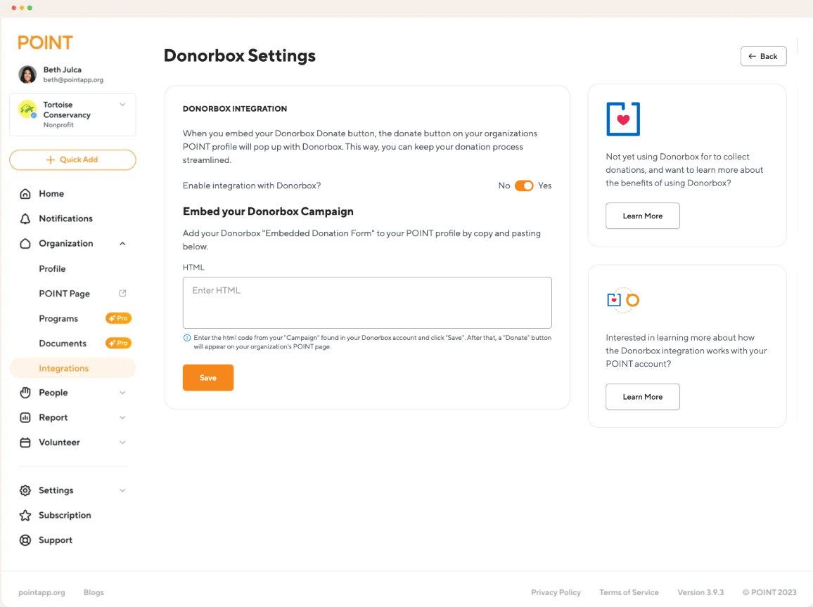 Screenshot on POINT showing the Donorbox integration settings.