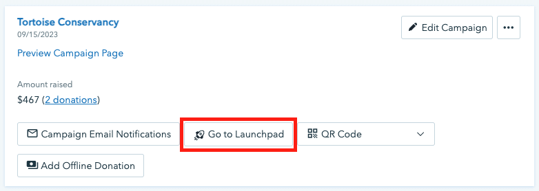 Screenshot showing where to find the Campaign Launchpad on Donorbox.