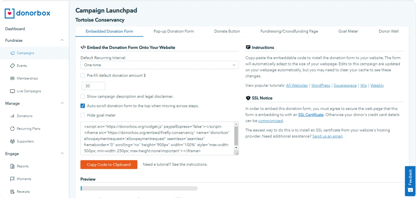 Screenshot showing the Donorbox Campaign Launchpad.