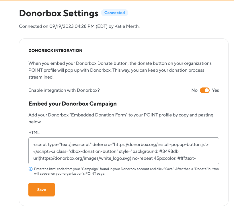 Screenshot showing where to paste the HTML script for the Donorbox + POINT integration.