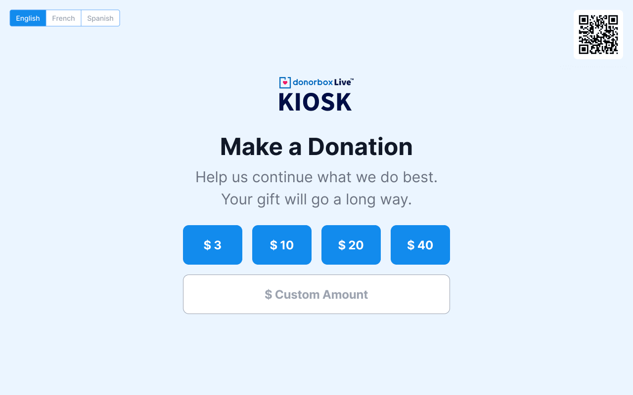 Image of the Donorbox Live™ Kiosk user interface.