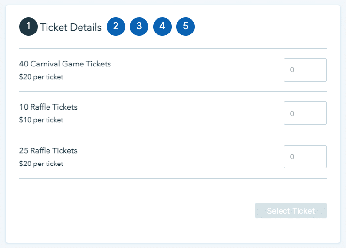 Example of an organization selling raffle and game tickets using Donorbox Events.