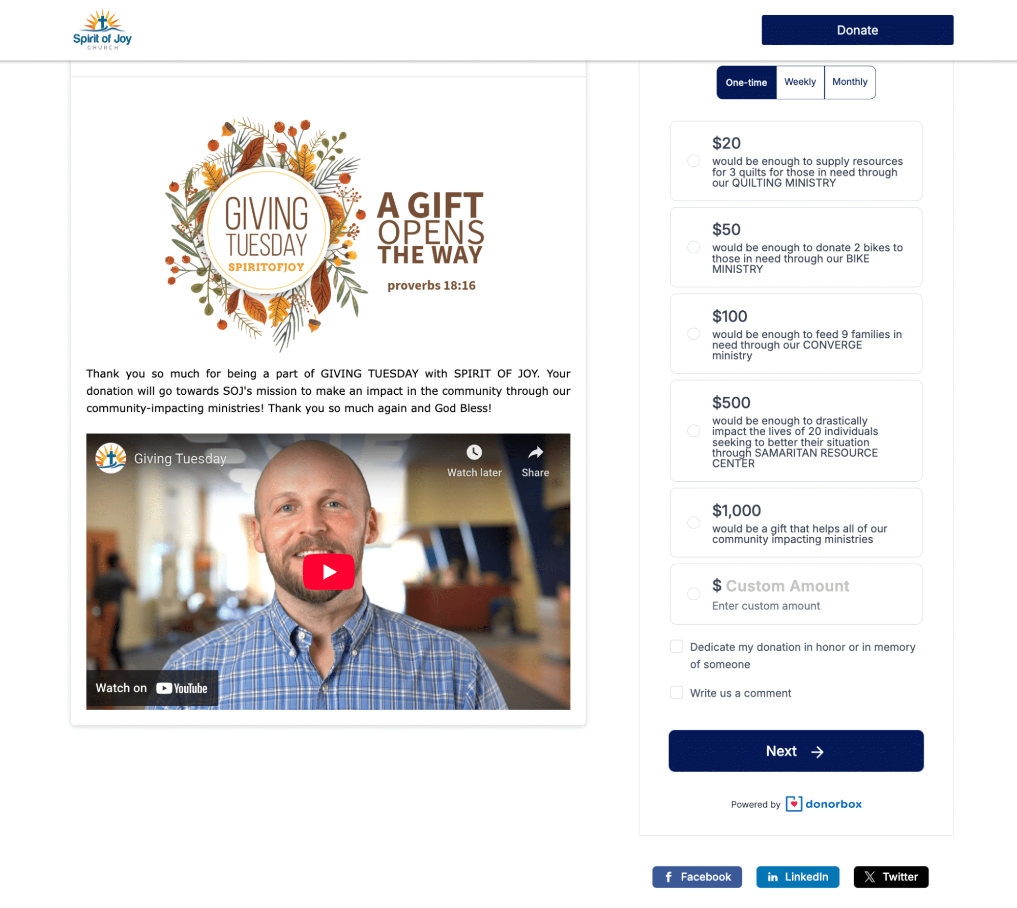Screenshot of Spirit of Joy's Donorbox-powered Year-End Campaign Page with an embedded video